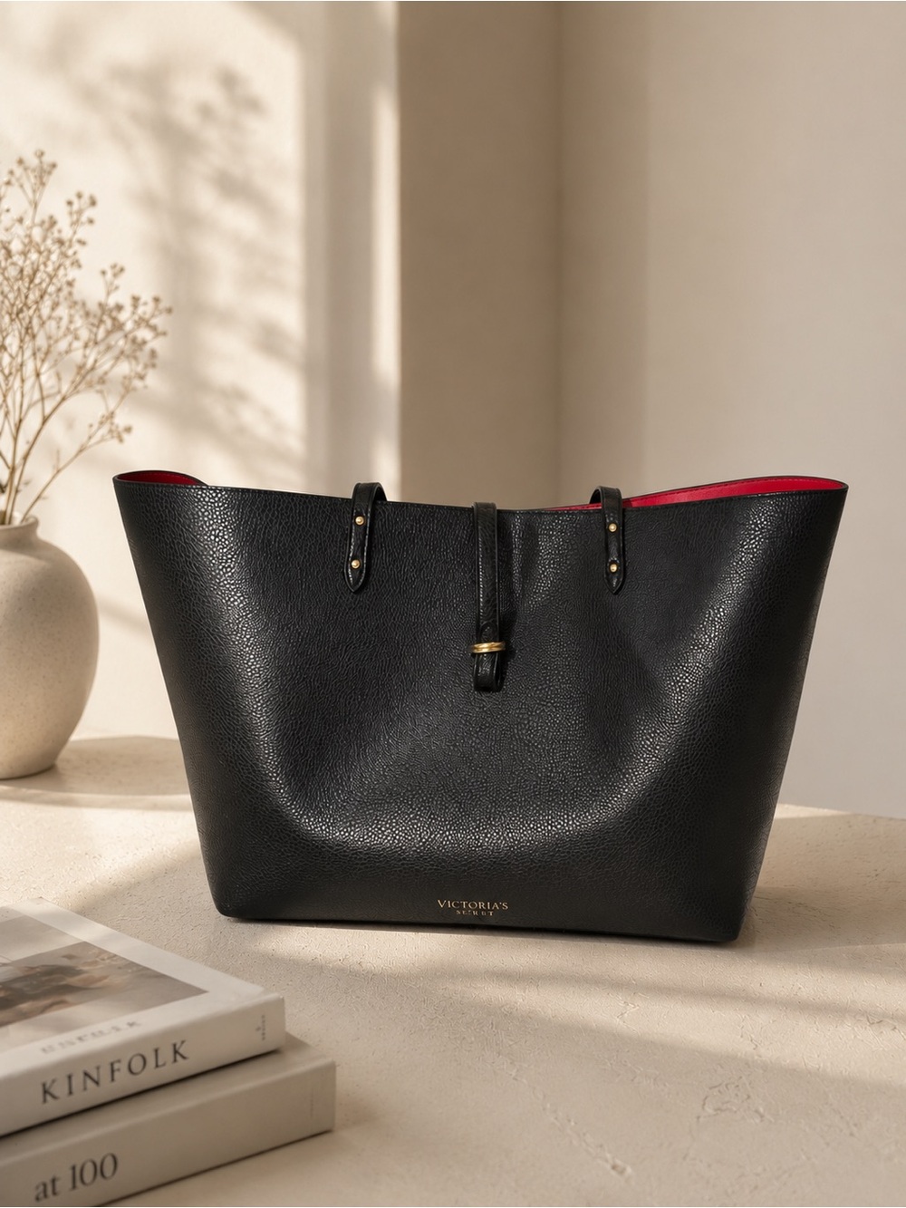 Victoria's Secret Large Black Tote Bag With Red Interior - Elegant Everyday Use